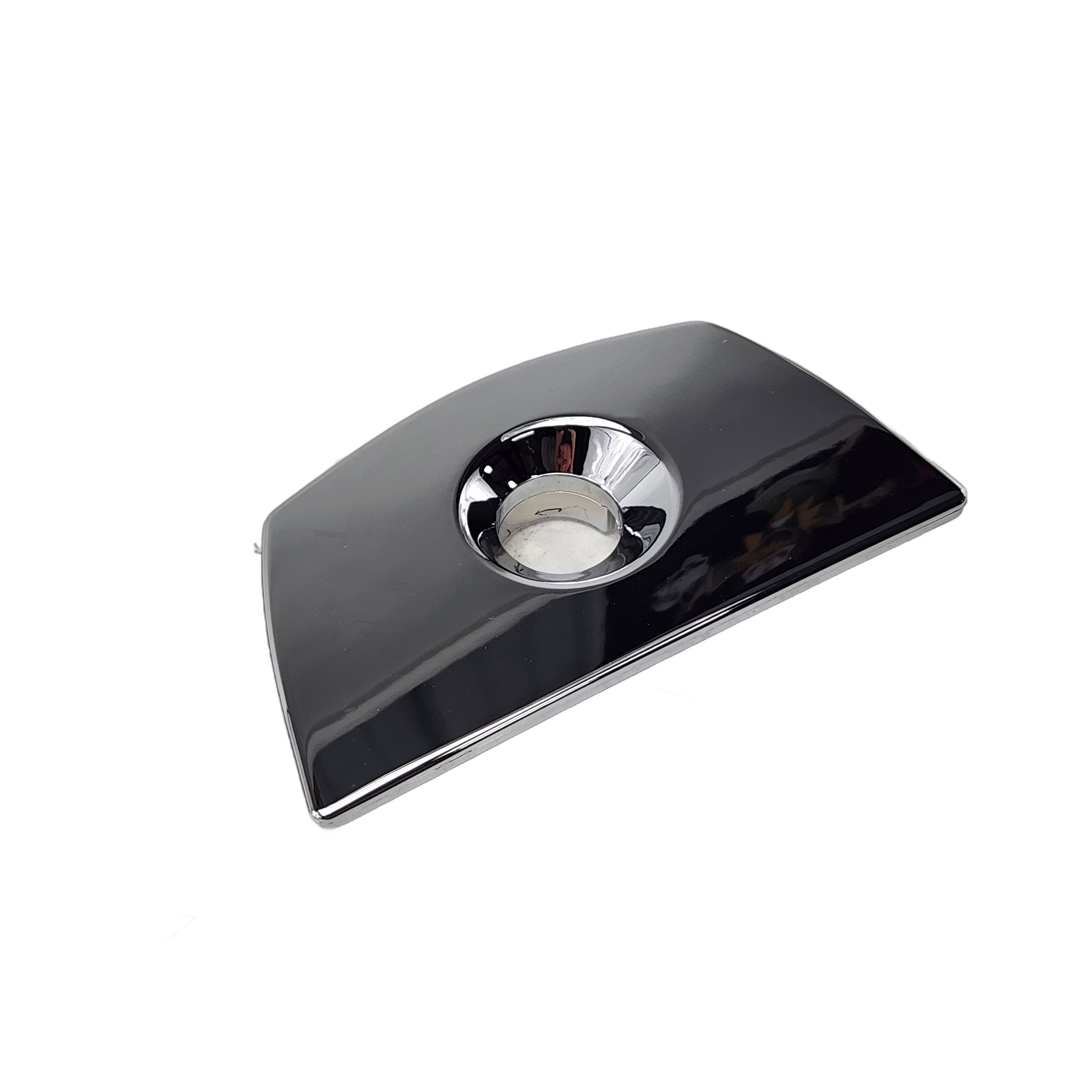 A chrome Bezel-Lock Saddlebag LH component by Polaris for Indian motorcycles, featuring a curved rectangular design with a central circular opening and reflective interior, shown isolated on a white background.