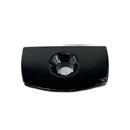 The Bezel-Lock Saddlebag LH Black Pearl by Polaris is a black, rectangular dish with curved edges and a center circular indentation, inspired by the sleek design of Indian motorcycle parts. Photographed against a white background.