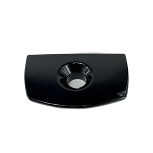 The Bezel-Lock Saddlebag LH Black Pearl by Polaris is a black, rectangular dish with curved edges and a center circular indentation, inspired by the sleek design of Indian motorcycle parts. Photographed against a white background.