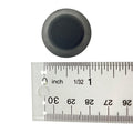 Black round cap head bolt next to a clear ruler showing diameter about 1 inch.