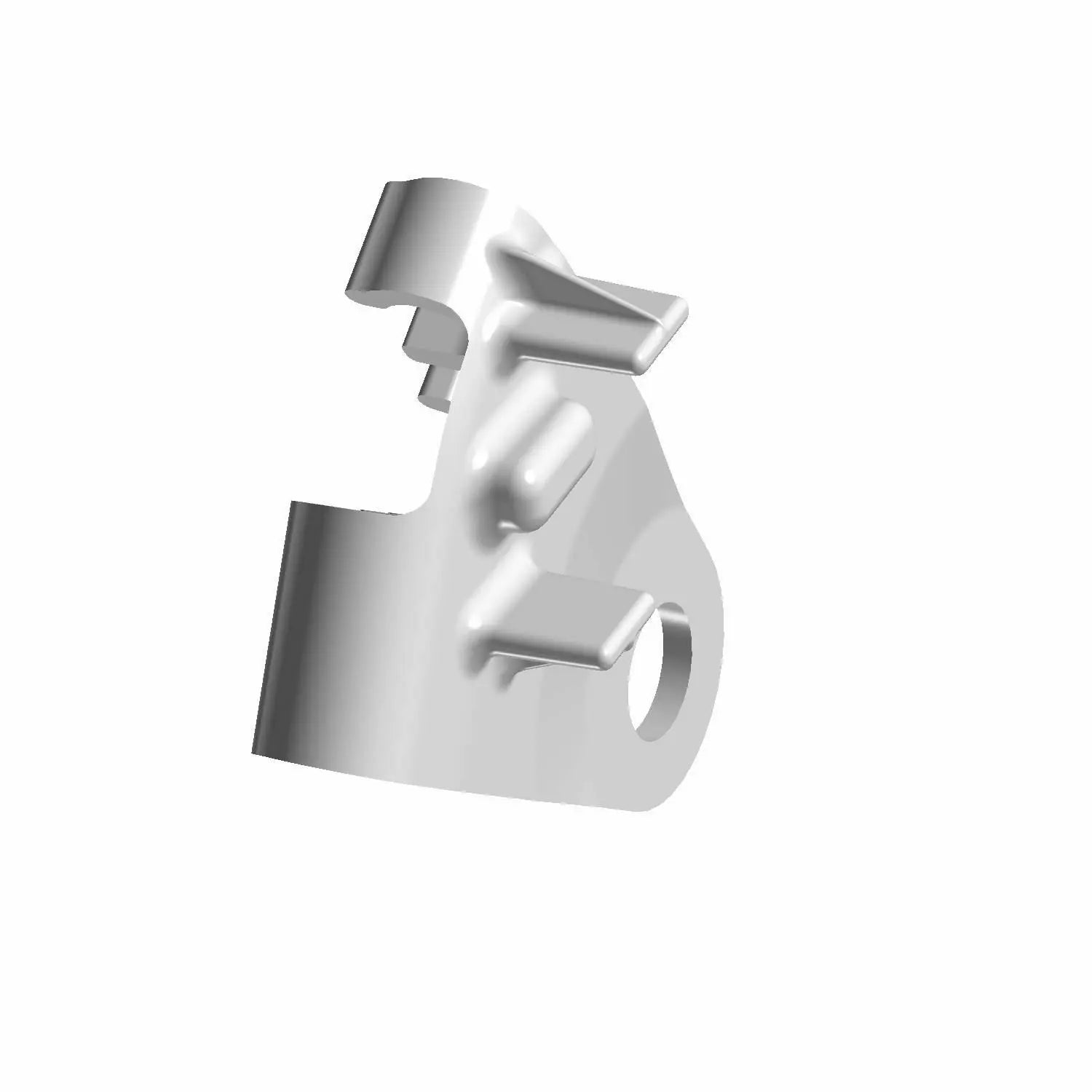 Silver metal brake line retainer with mounting hole and clip designed for corner installation.