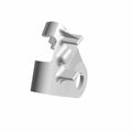 Silver metal brake line retainer with mounting hole and clip designed for corner installation.