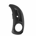 Glossy black motorcycle saddlebag lid with curved shape and circular cutout on right side.