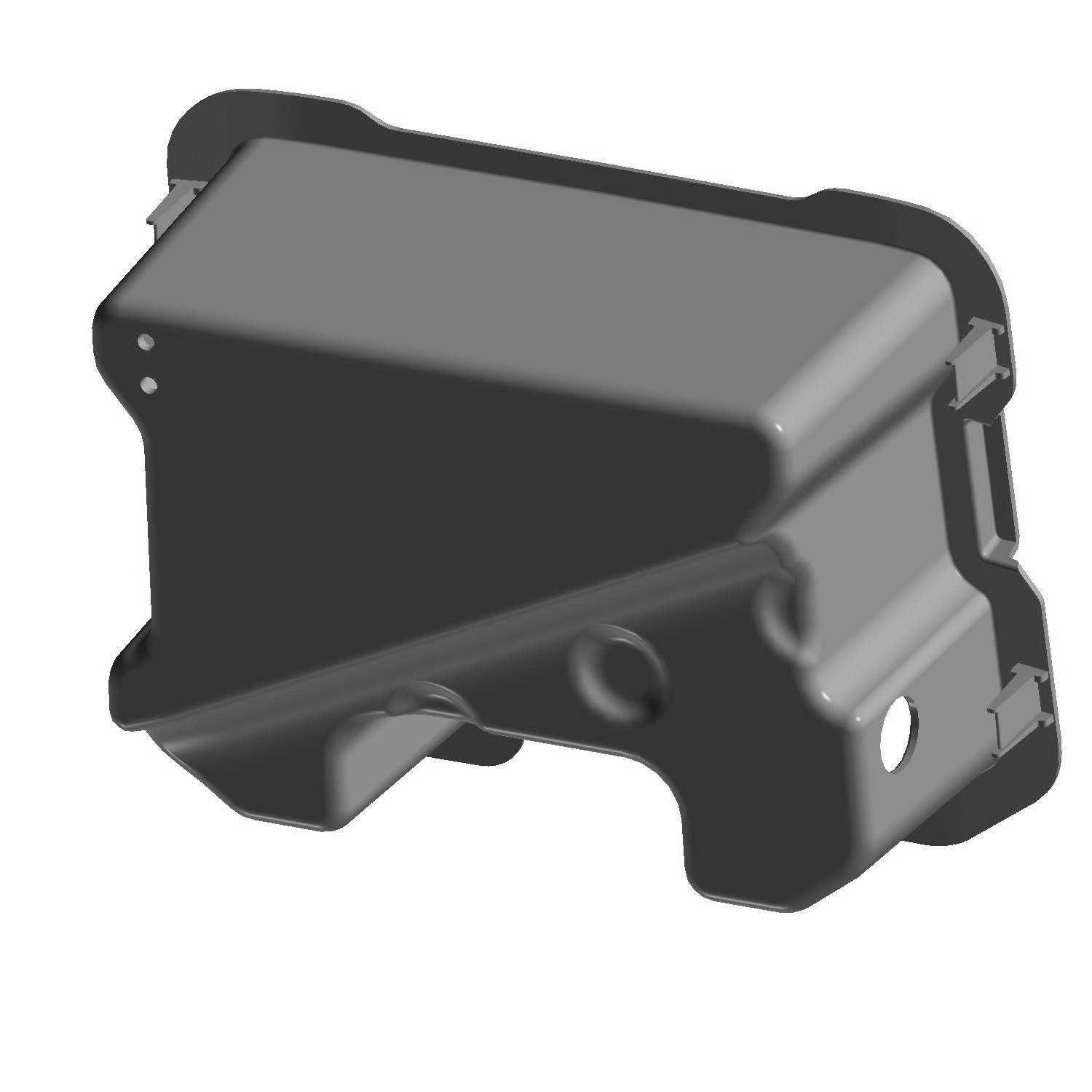 Black plastic front center dash storage compartment with mounting points for Polaris UTVs.