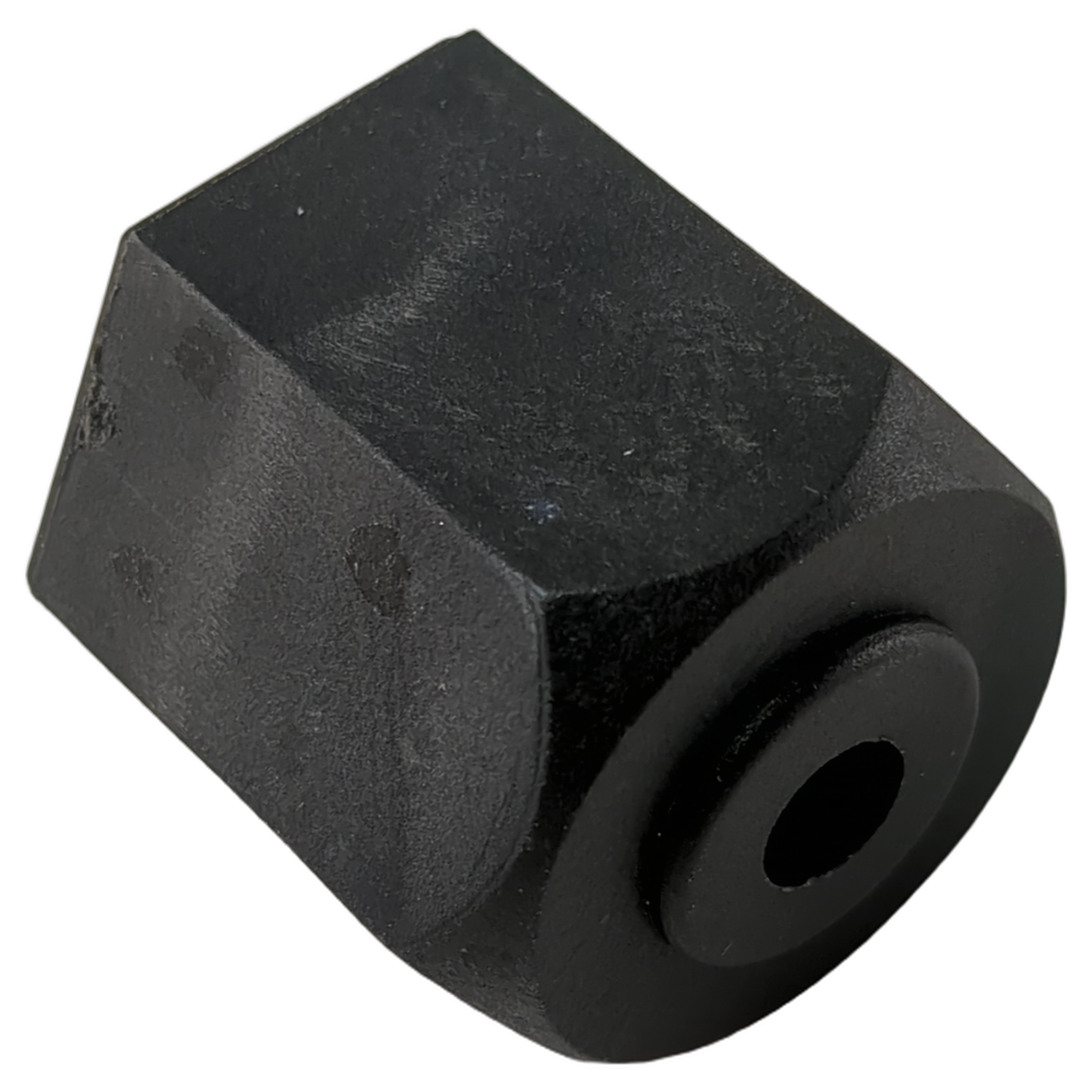 Black hexhead flange nut with smooth finish and circular recessed center hole.