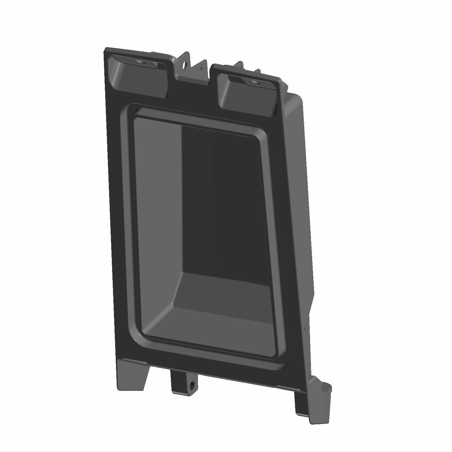 Black hard plastic rear upper bin console storage compartment with molded mounting points.