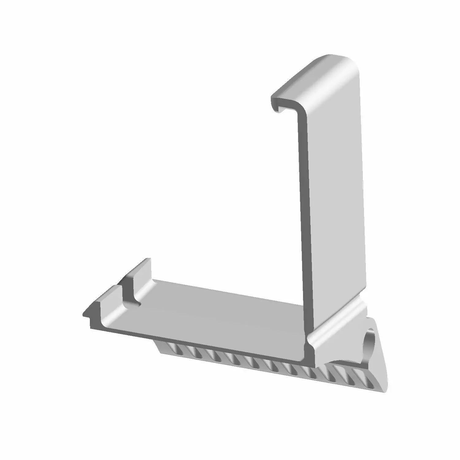 3D render of the gray, L-shaped Wire Retainer Power by Polaris with vertical arm and grooved horizontal base—designed as an OEM retainer for Indian Polaris parts.