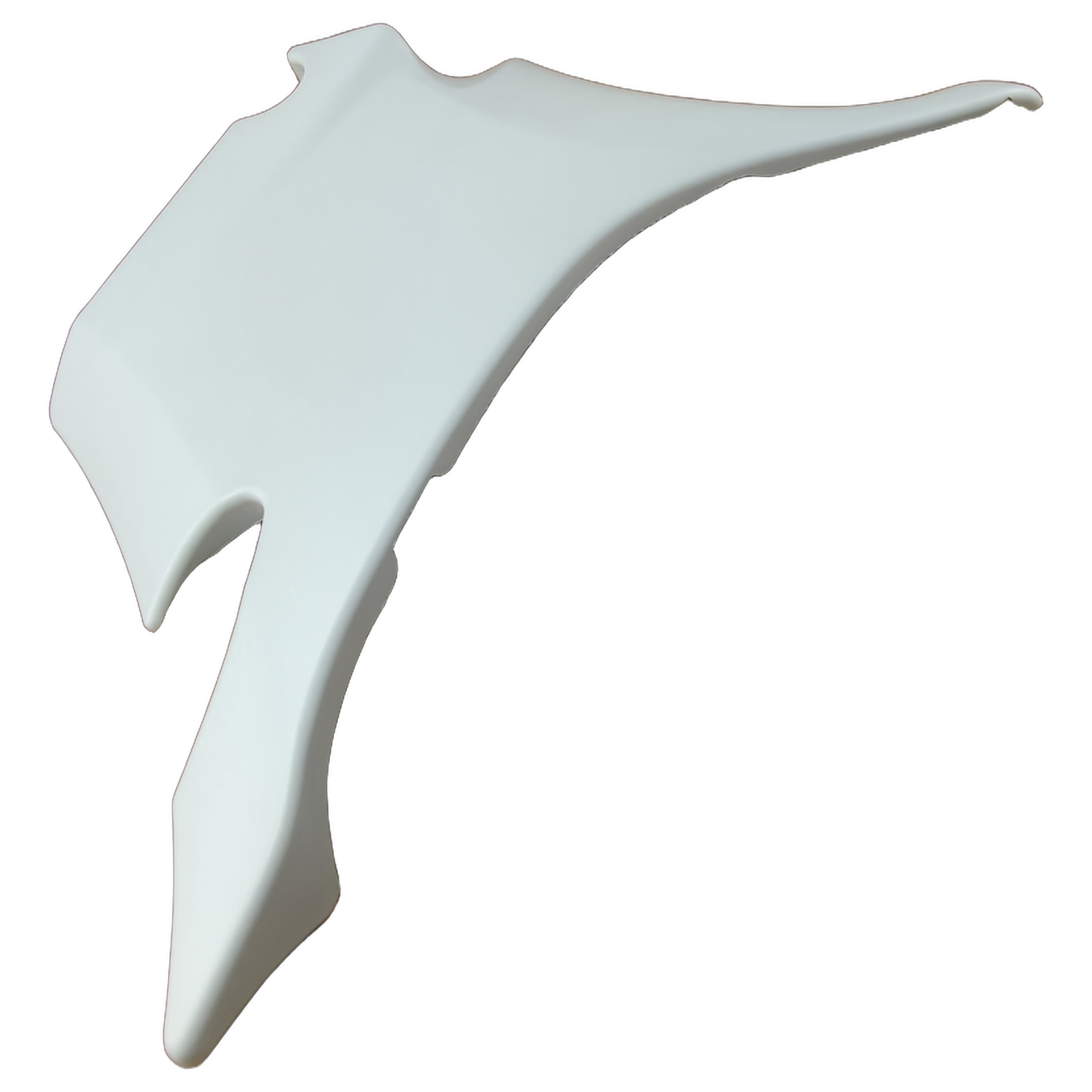 White molded plastic motorcycle body side cover with angular, contoured shape and smooth finish.