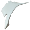 White molded plastic motorcycle body side cover with angular, contoured shape and smooth finish.
