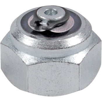 A close-up of the Shock Rebound Separator Valve by Race Tech, featuring a slotted, circular metal top with a small center screw, often used as a grease fitting cap or in mechanical shock rebound separator valves.