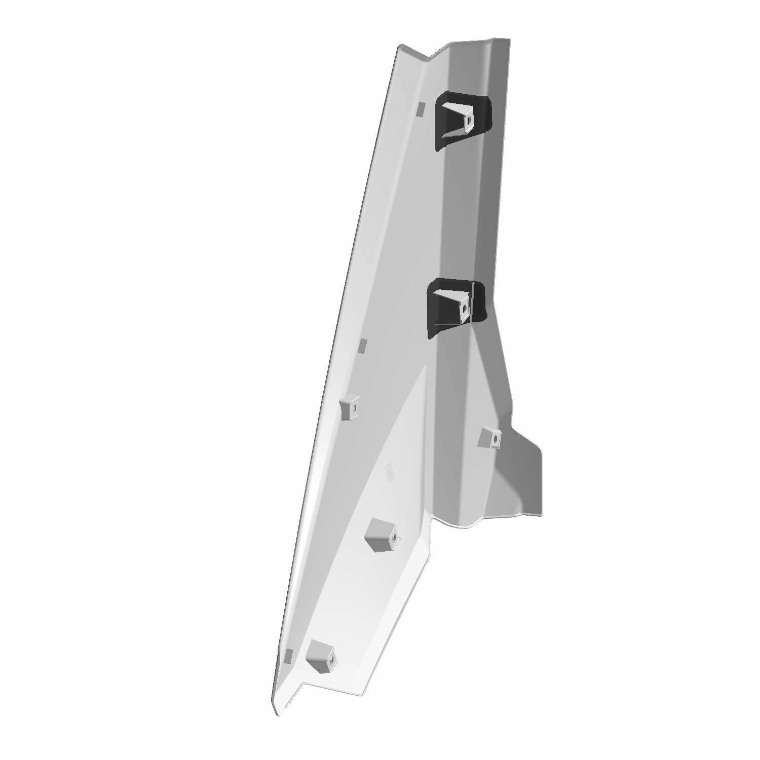 Black painted rear upper door panel for left side with angular design and mounting brackets.