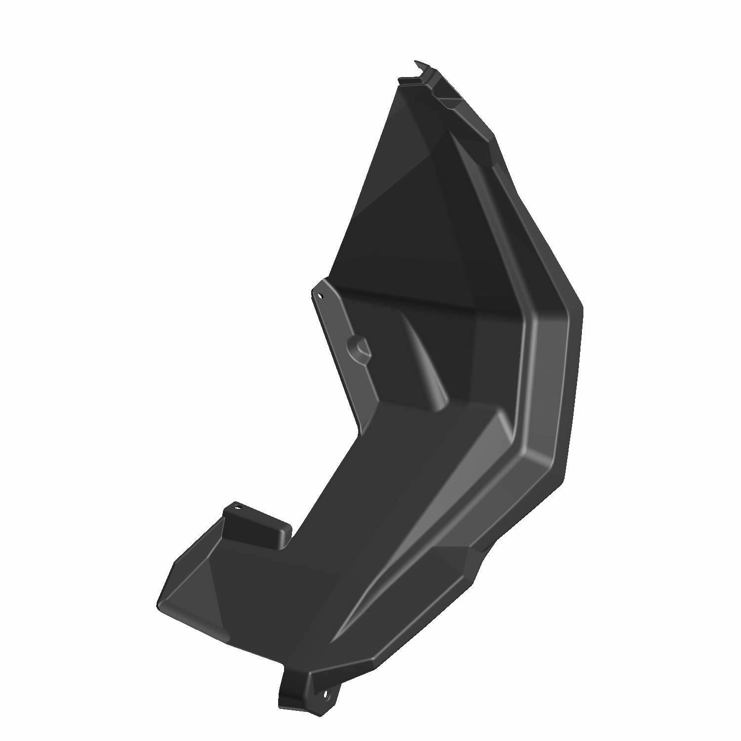Black rugged plastic Fender Flare with angular, aerodynamic design for off-road vehicle protection.