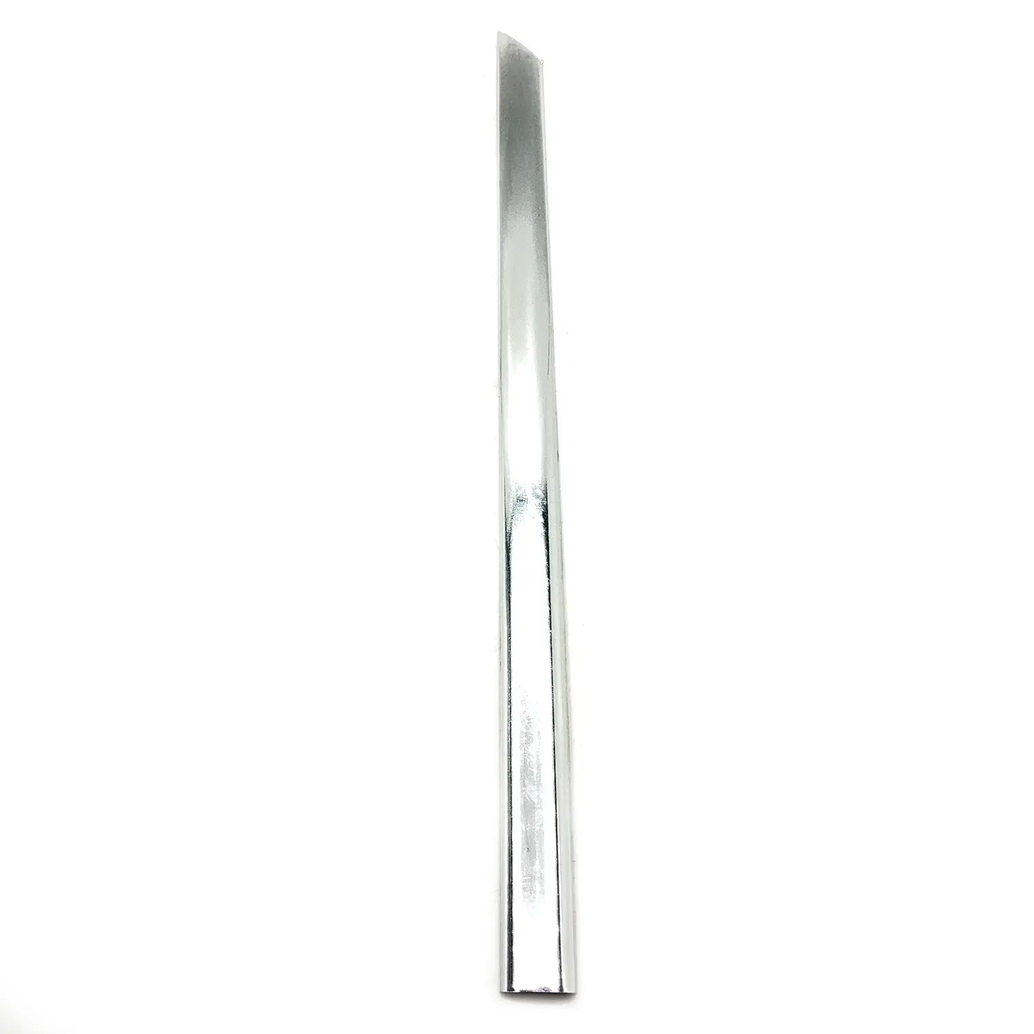 Slim, polished silver metal rear fender trim piece with slightly tapered edges.
