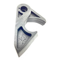 Gray metal latch hook with angular design and Polaris star logo embossed on textured surface.