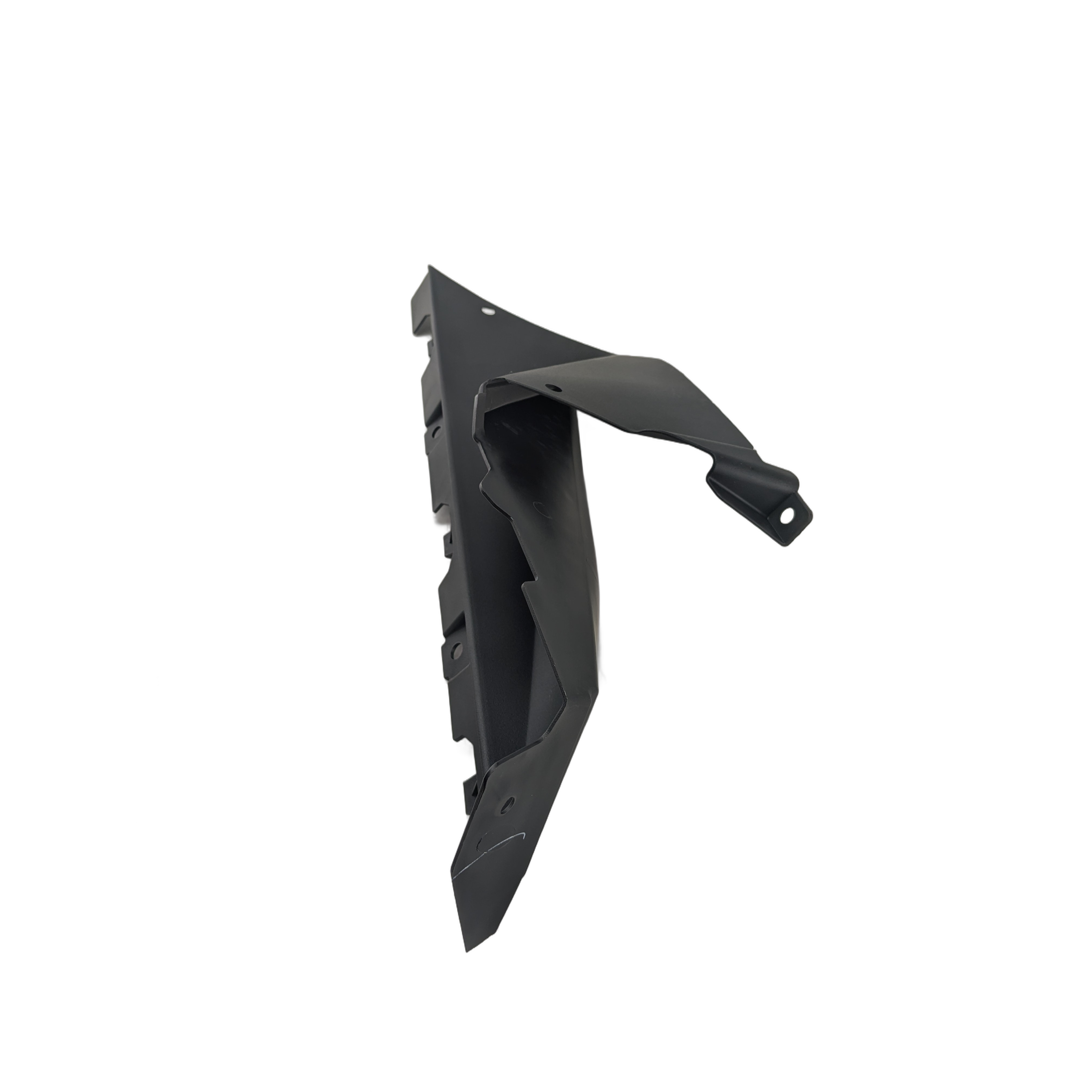 Black molded plastic right front inner fender flare for Polaris RZR with angular design and mounting holes.