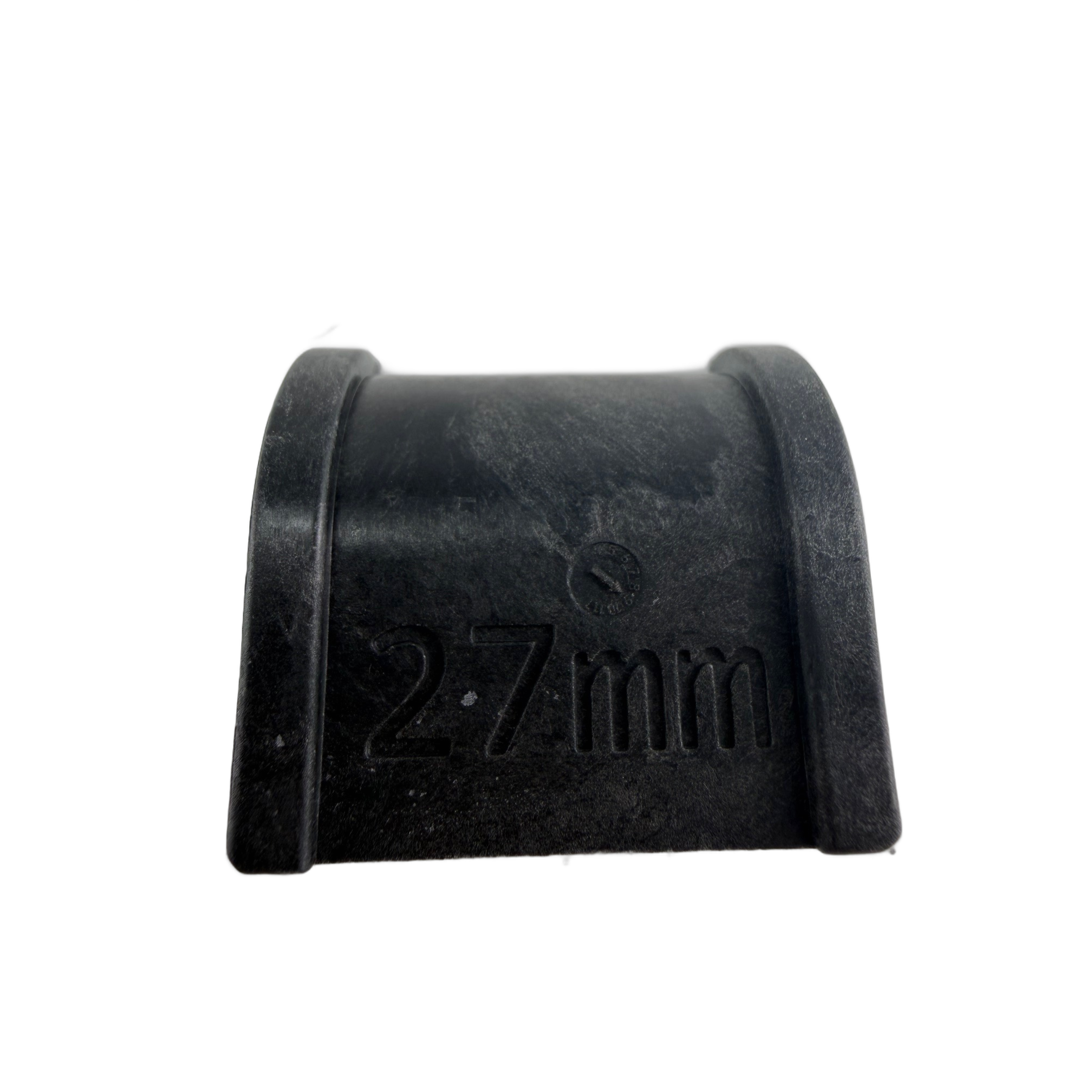Black rubber sway bar bushing with 27 mm embossed measurement and curved shape.