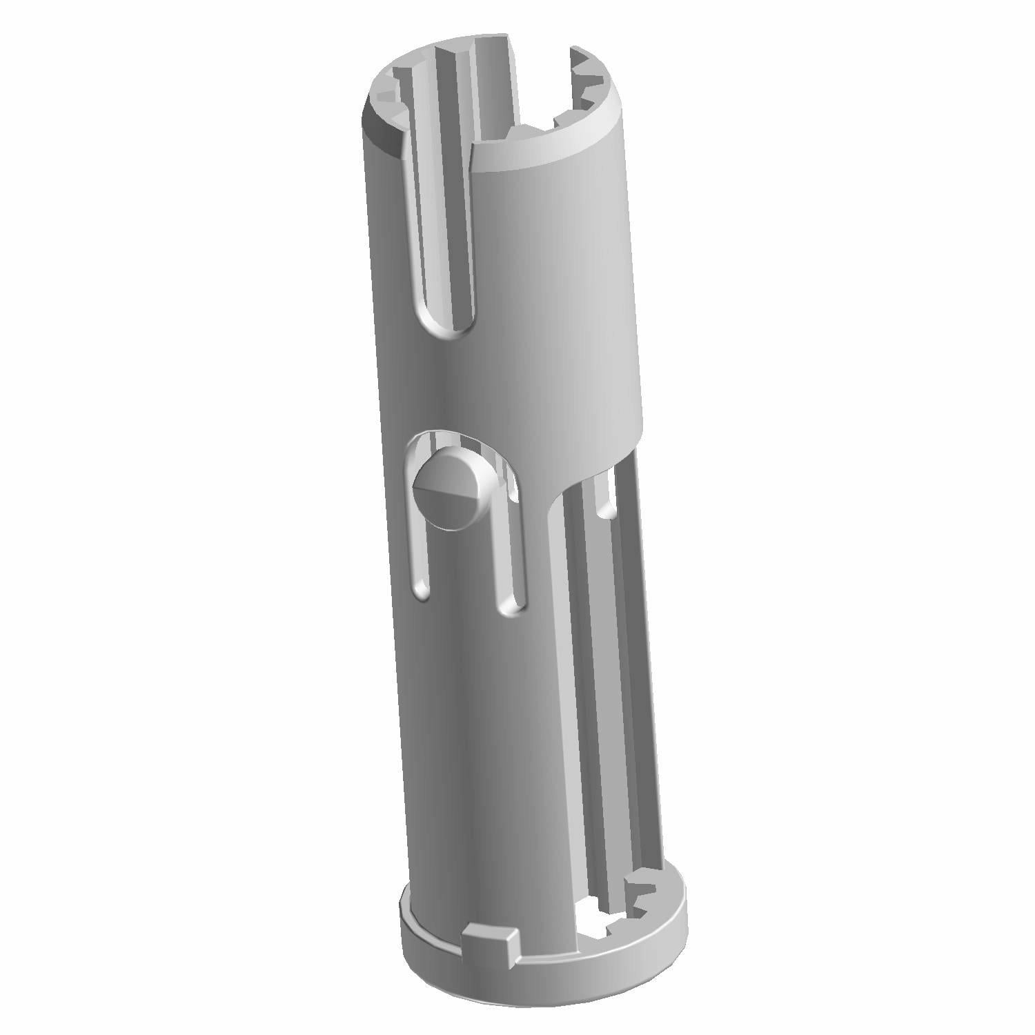 Gray cylindrical plastic bushing with grooves and cutouts for Polaris grab bar assembly.