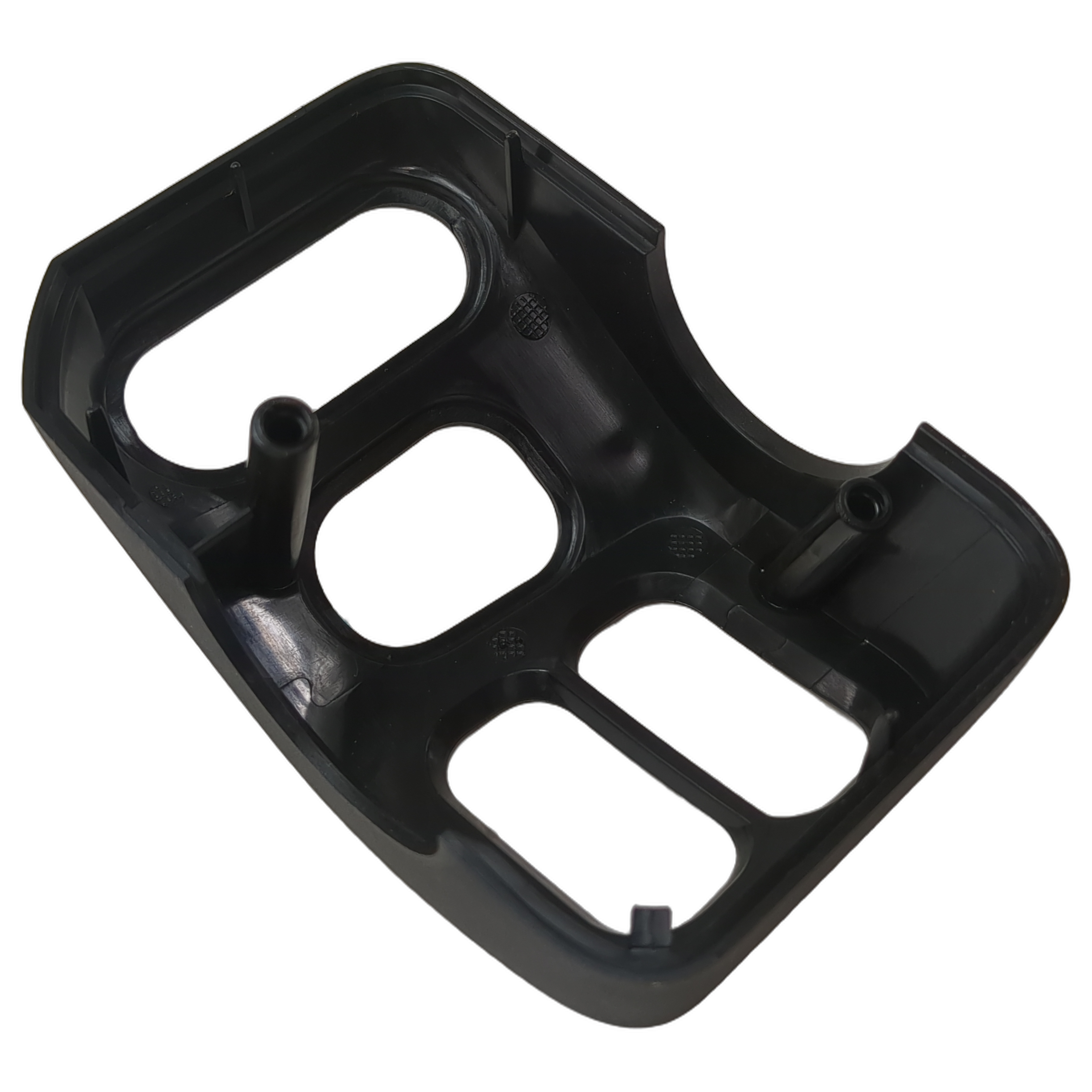Black molded plastic switch control cover with three rectangular openings and mounting posts.