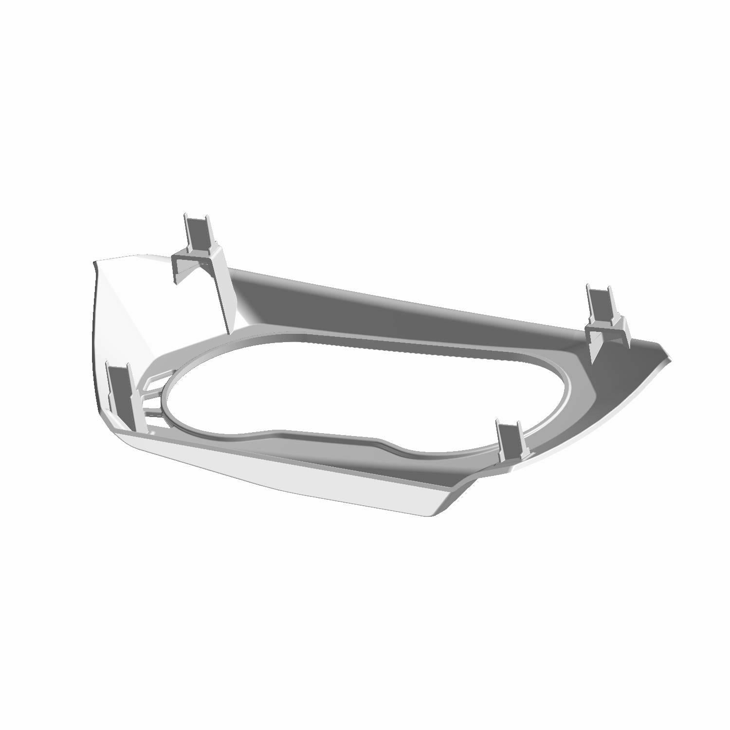 Black plastic center bezel cover with angular design and mounting clips, for Polaris vehicles.