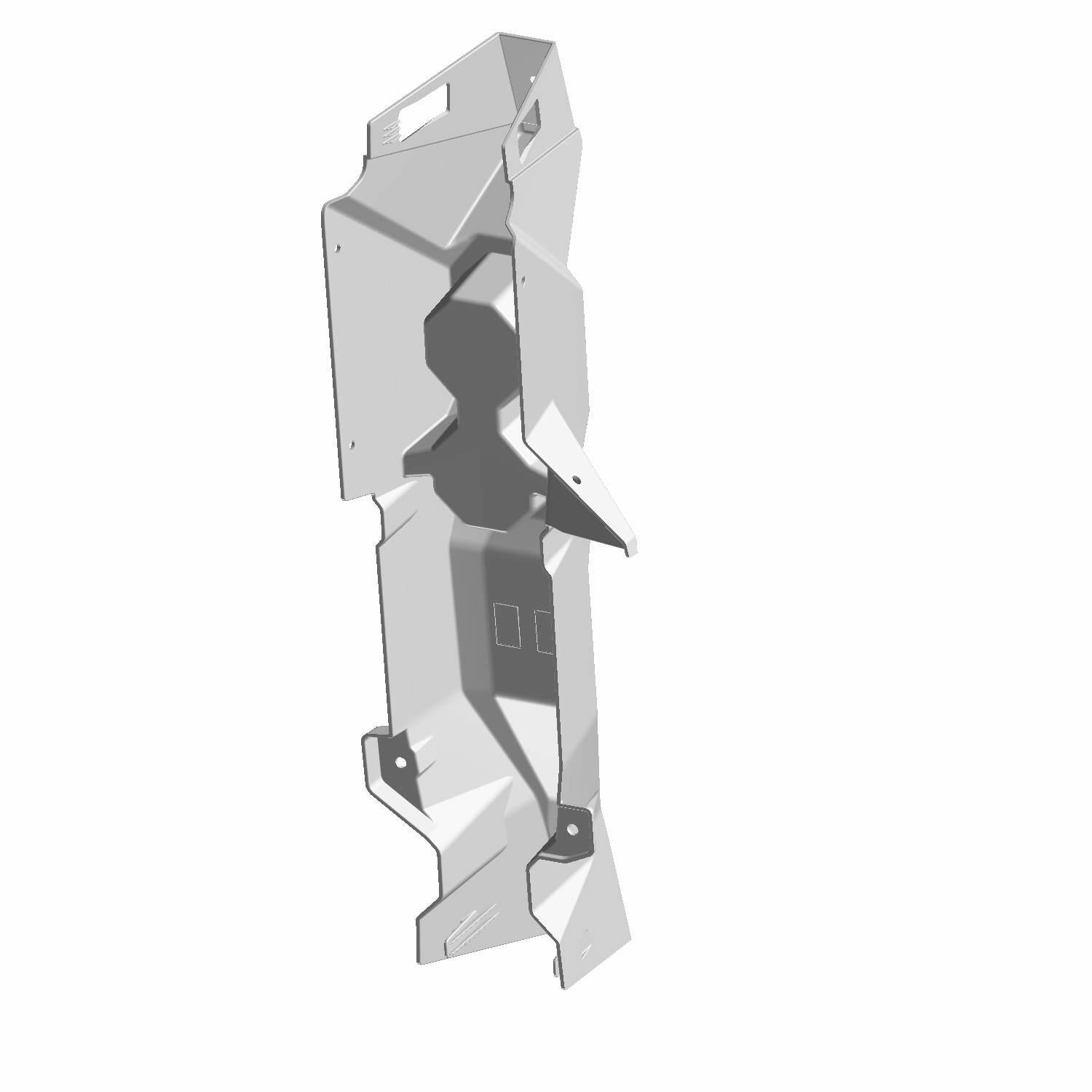 Black molded plastic rear center console with angular design and mounting points.