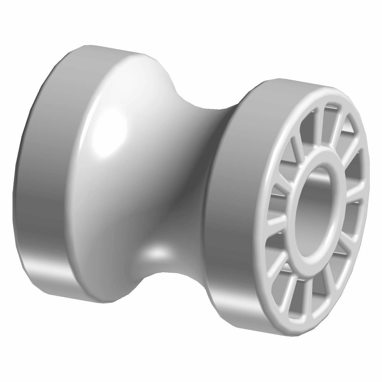 Silver metallic roller seat slider with grooved circular end and smooth curved body.