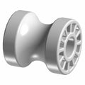 Silver metallic roller seat slider with grooved circular end and smooth curved body.