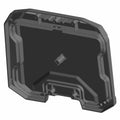 Black plastic center door panel storage with molded edges and mounting points.