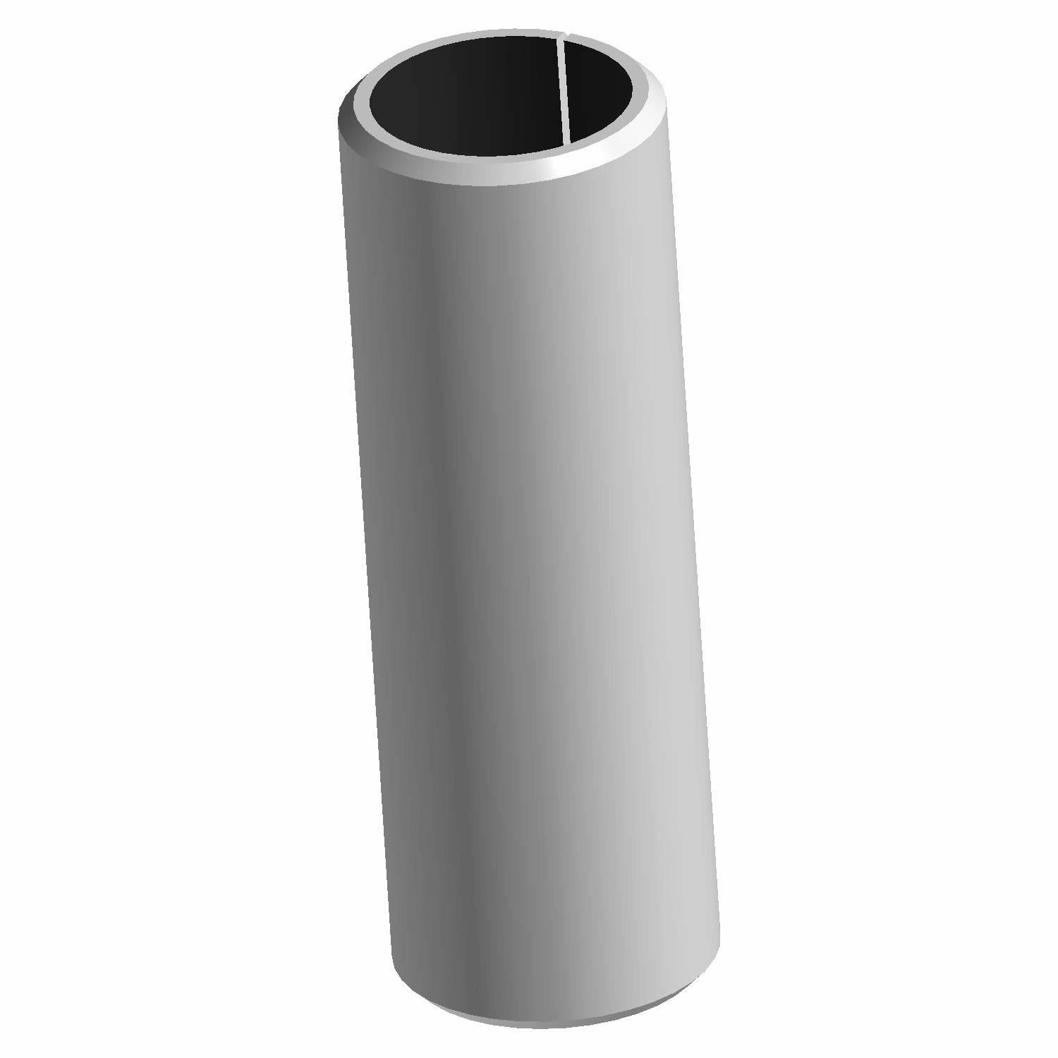 Gray cylindrical metal bushing with a hollow center and split seam on the side.