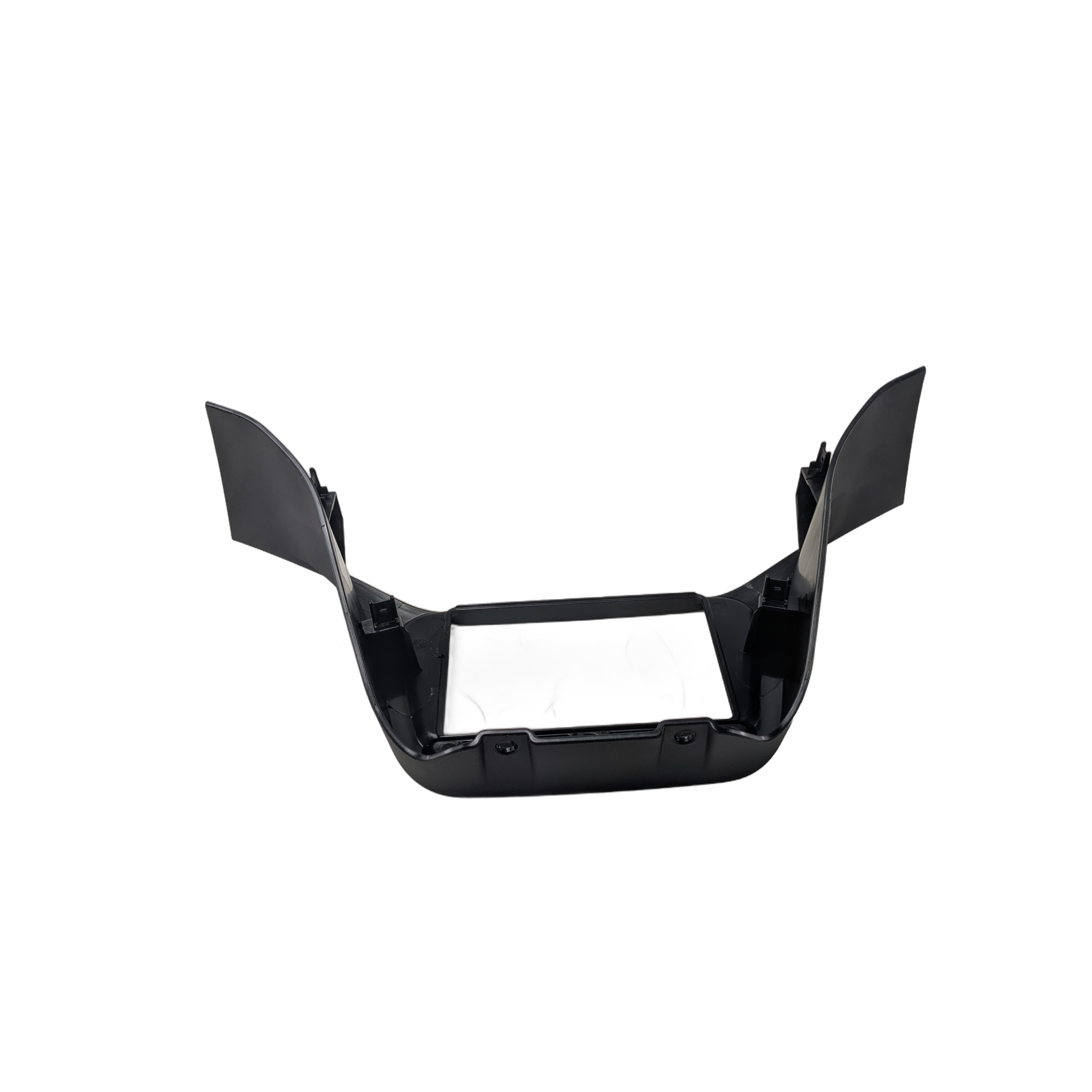 Black angular plastic display bezel with mounting points, designed for motorcycle dashboard integration.