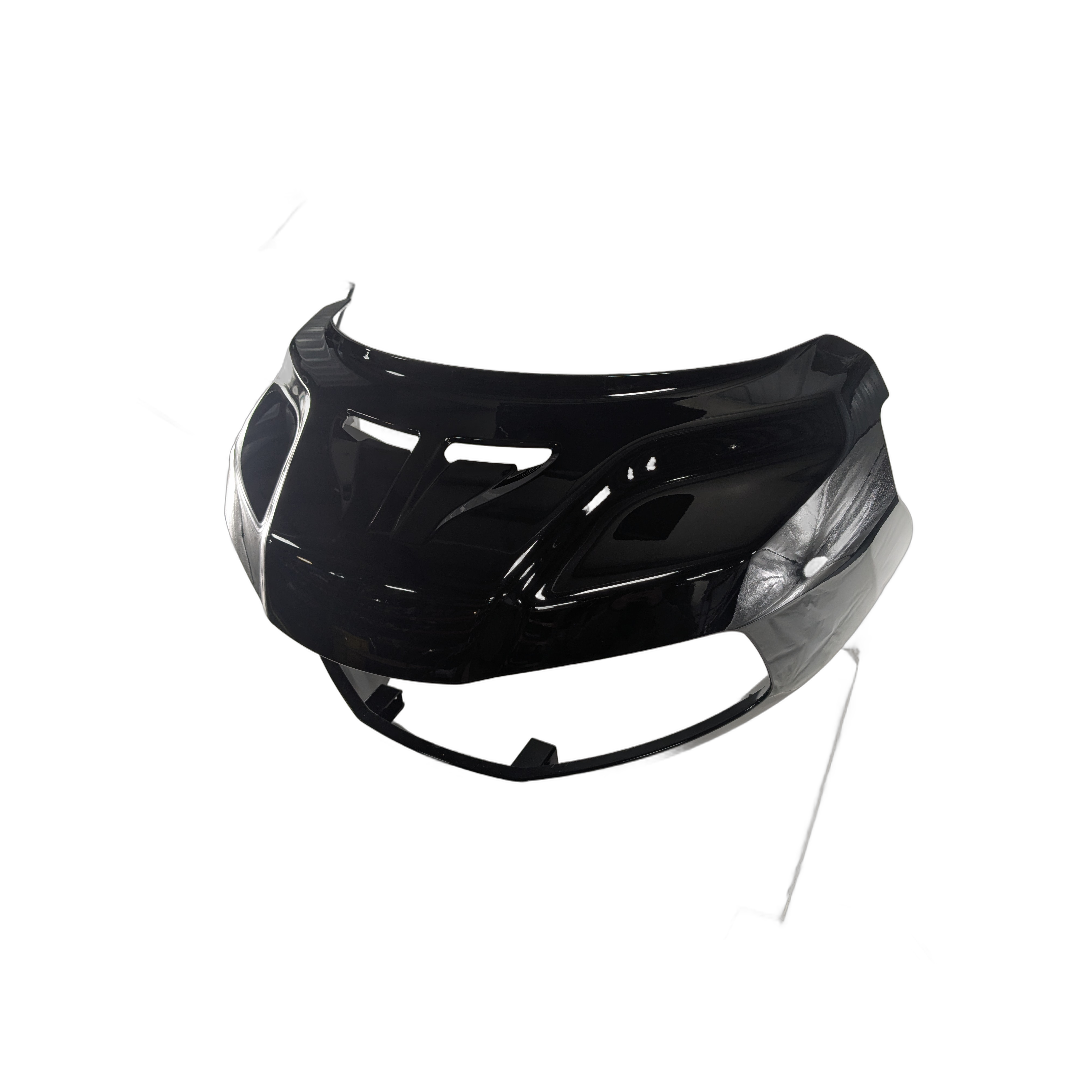 Glossy Onyx Black motorcycle outer fairing with integrated clear windshield and vent openings.