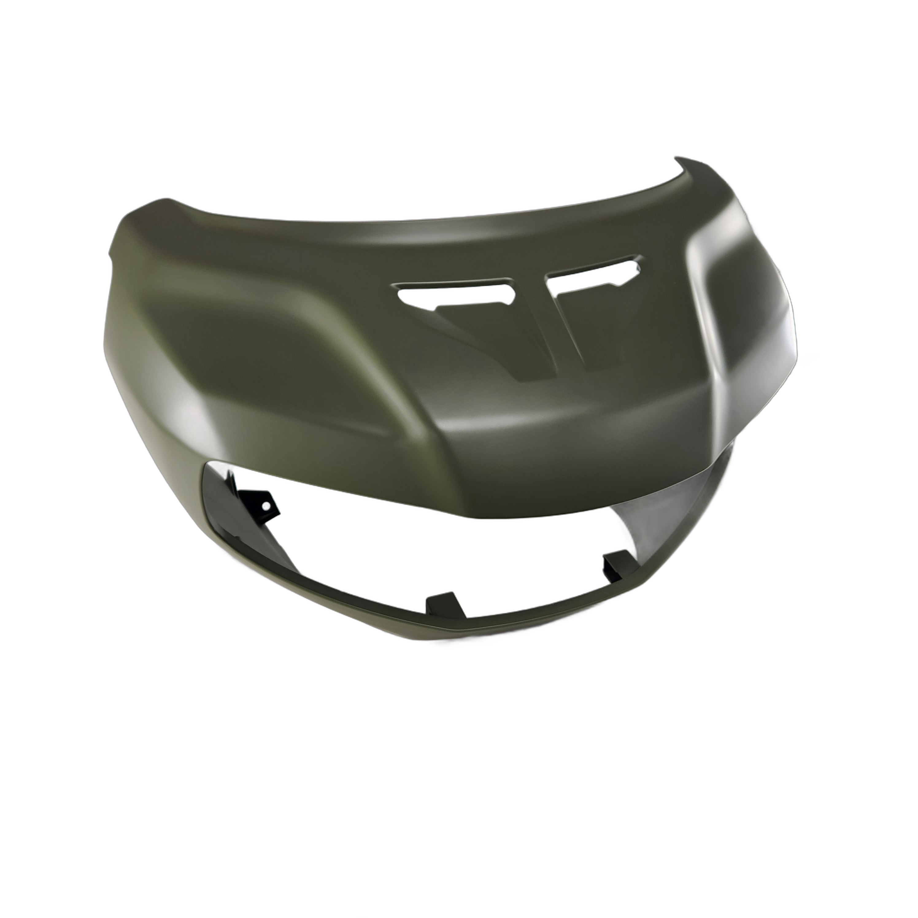 Fairing Outer Msgrnsm | [Moss Green Smoke] by Polaris features a matte moss green finish with angular cutouts, designed as an Indian Motorcycle OEM part for a sleek, custom style. Isolated on white.