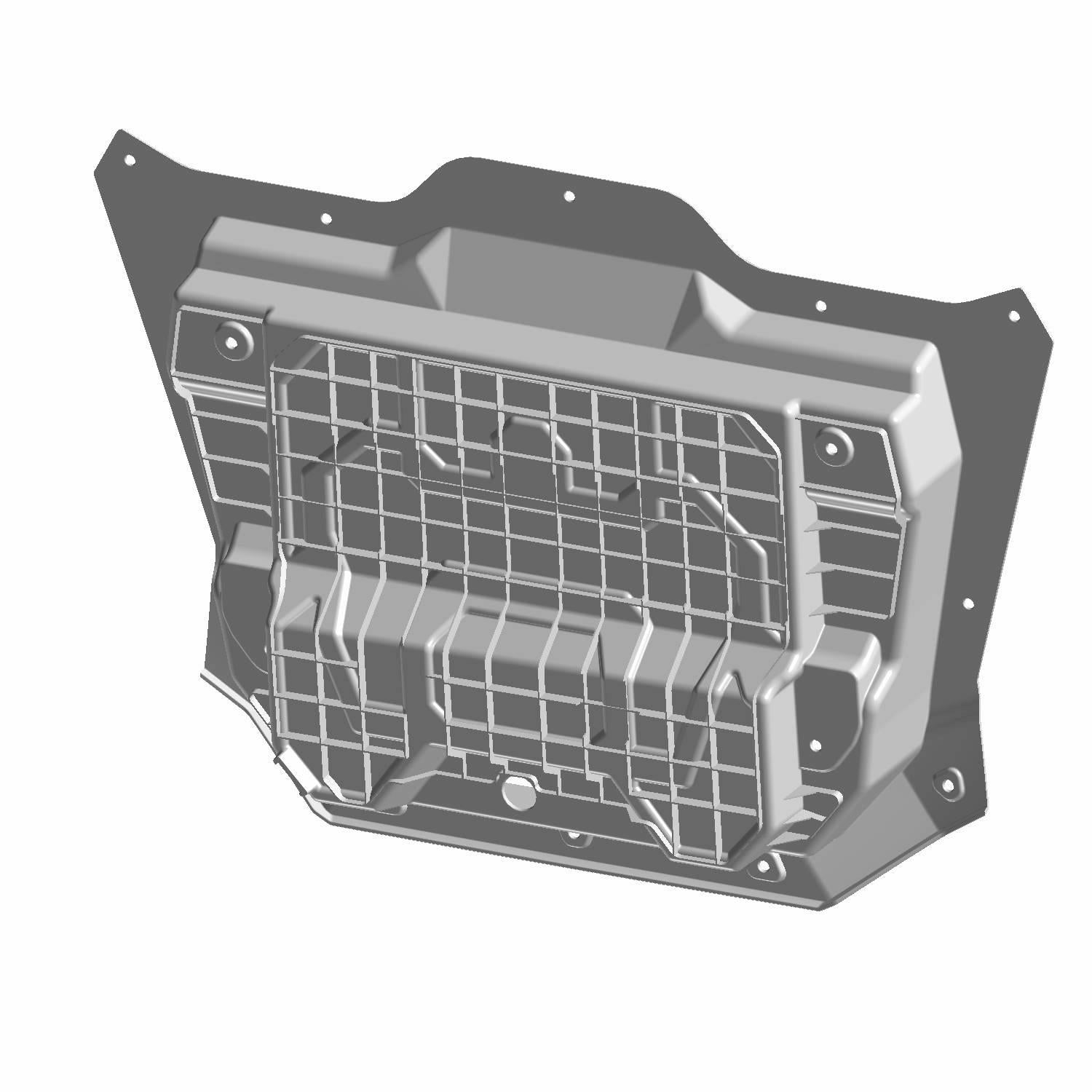 Black molded cargo box with grid pattern and mounting holes, designed for Polaris RZR-200.
