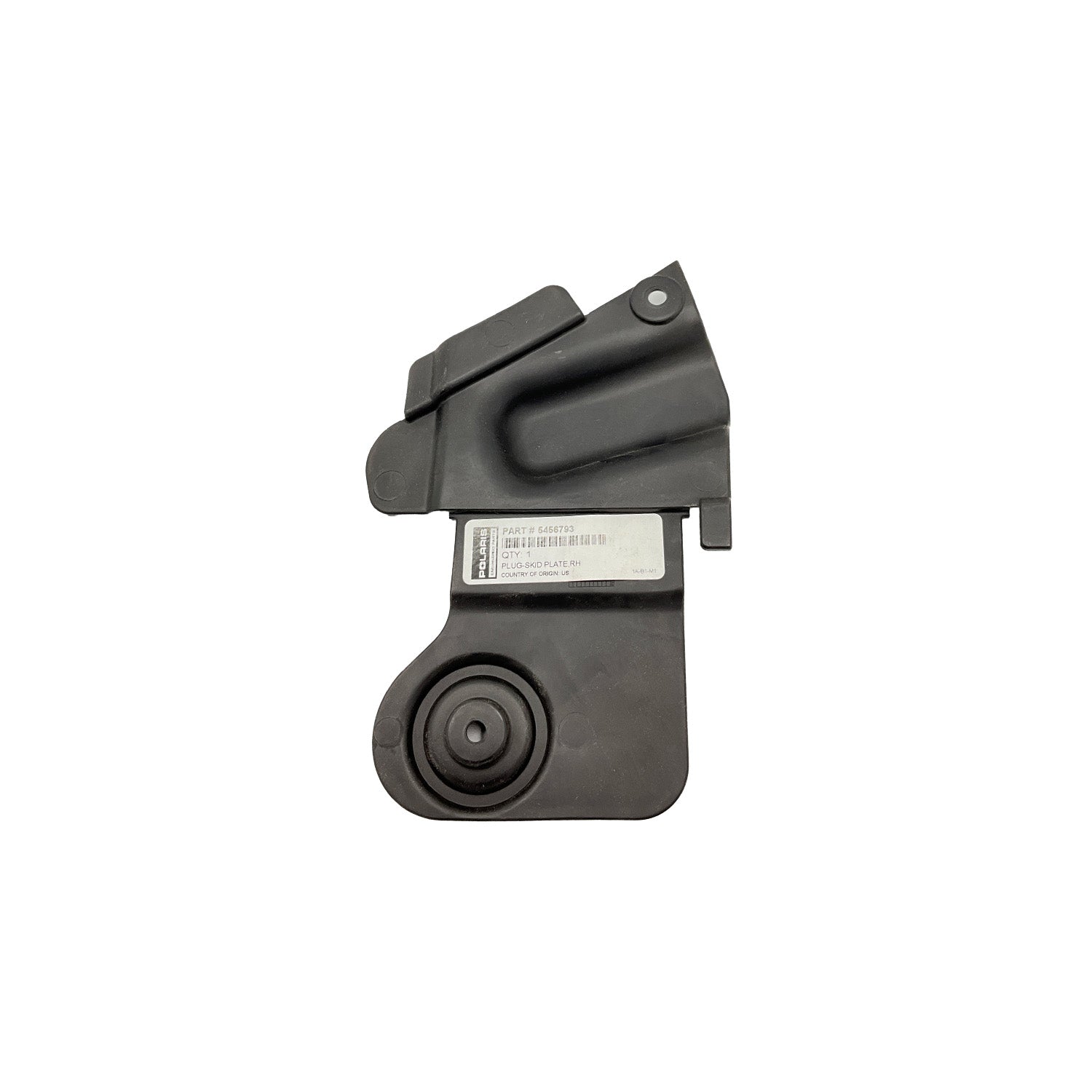 Black plastic skid plate plug with angular design and circular attachment component.