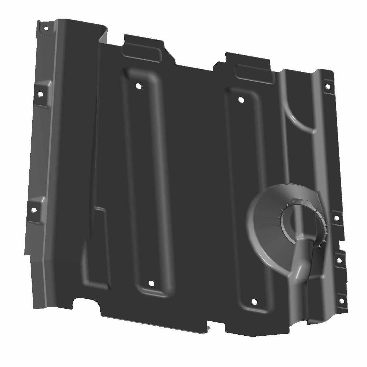 Black molded underseat panel with rounded and rectangular contours and mounting holes, right side design.