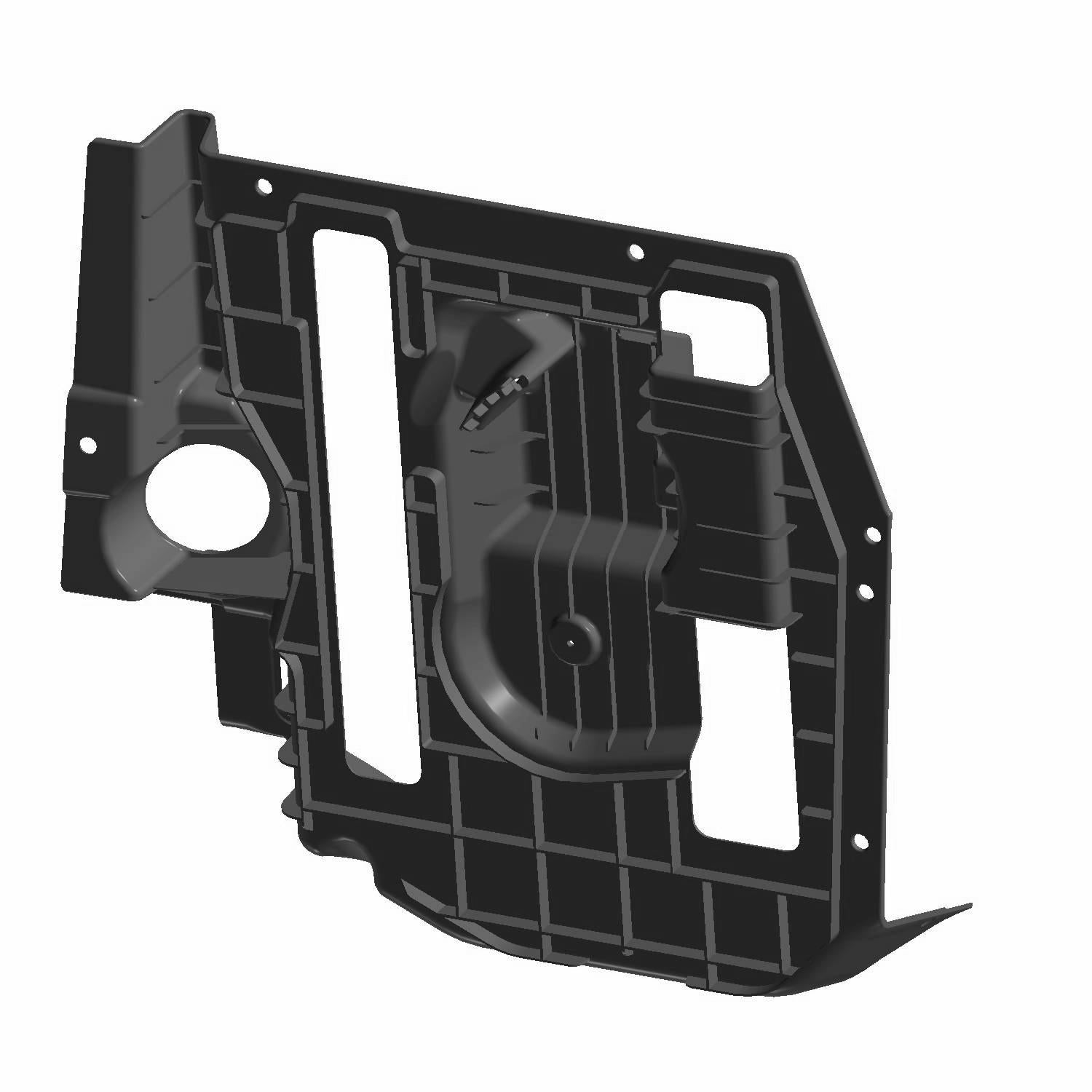 Black plastic fuel tank closeoff panel with rectangular cutouts and mounting points.