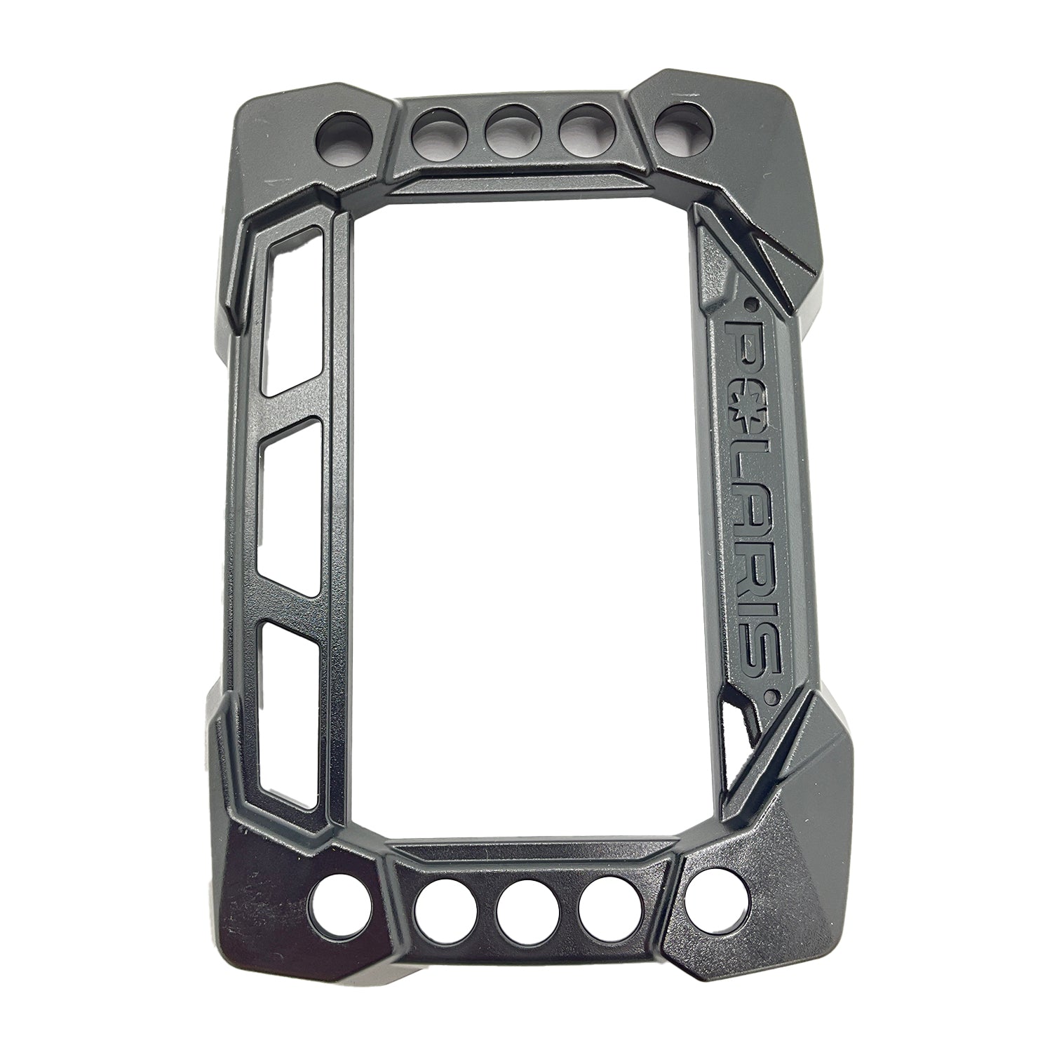 Black rectangular Polaris gauge bezel with angular edges and multiple mounting holes.