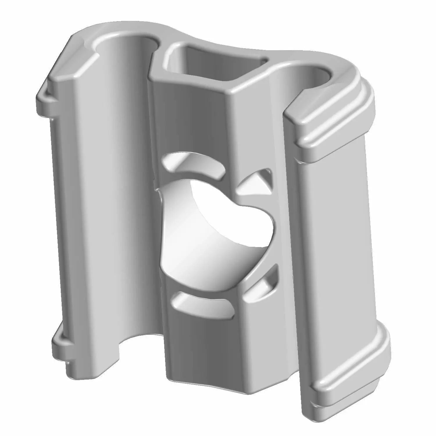 Gray plastic brake line retainer clip with central circular opening and side grooves.