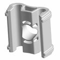 Gray plastic brake line retainer clip with central circular opening and side grooves.