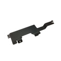 Black molded plastic harness retainer with mounting tabs and notched end for motorcycle wiring management.