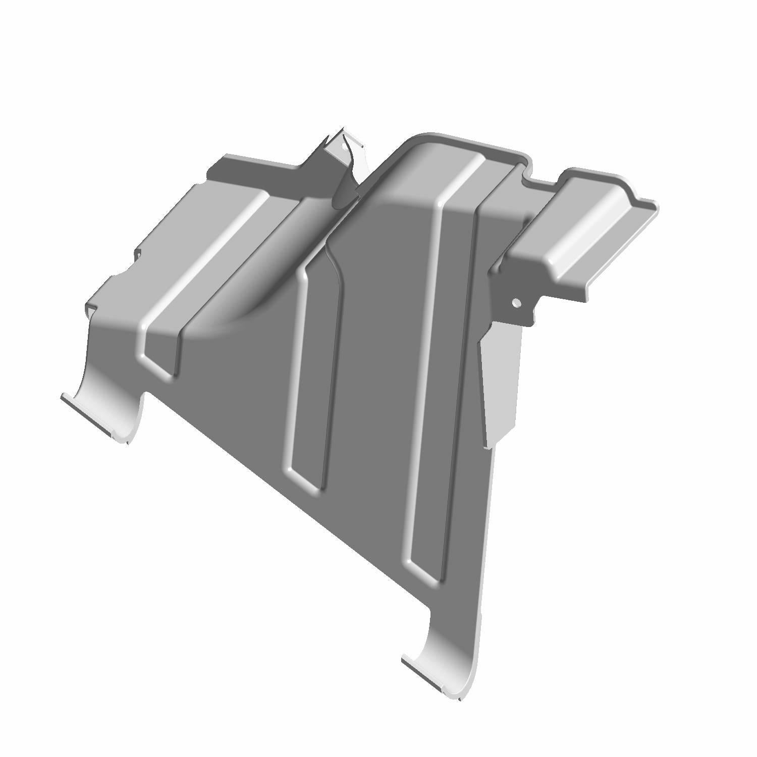 Black metal debris panel with angular, contoured design and mounting tabs for offroad vehicle protection.