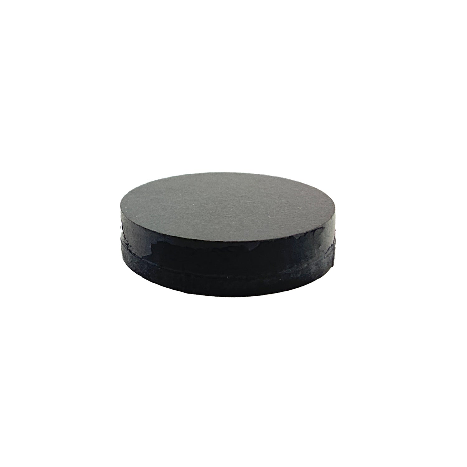 Black round 22mm clutch button made of smooth plastic material with flat top and slightly beveled edge.