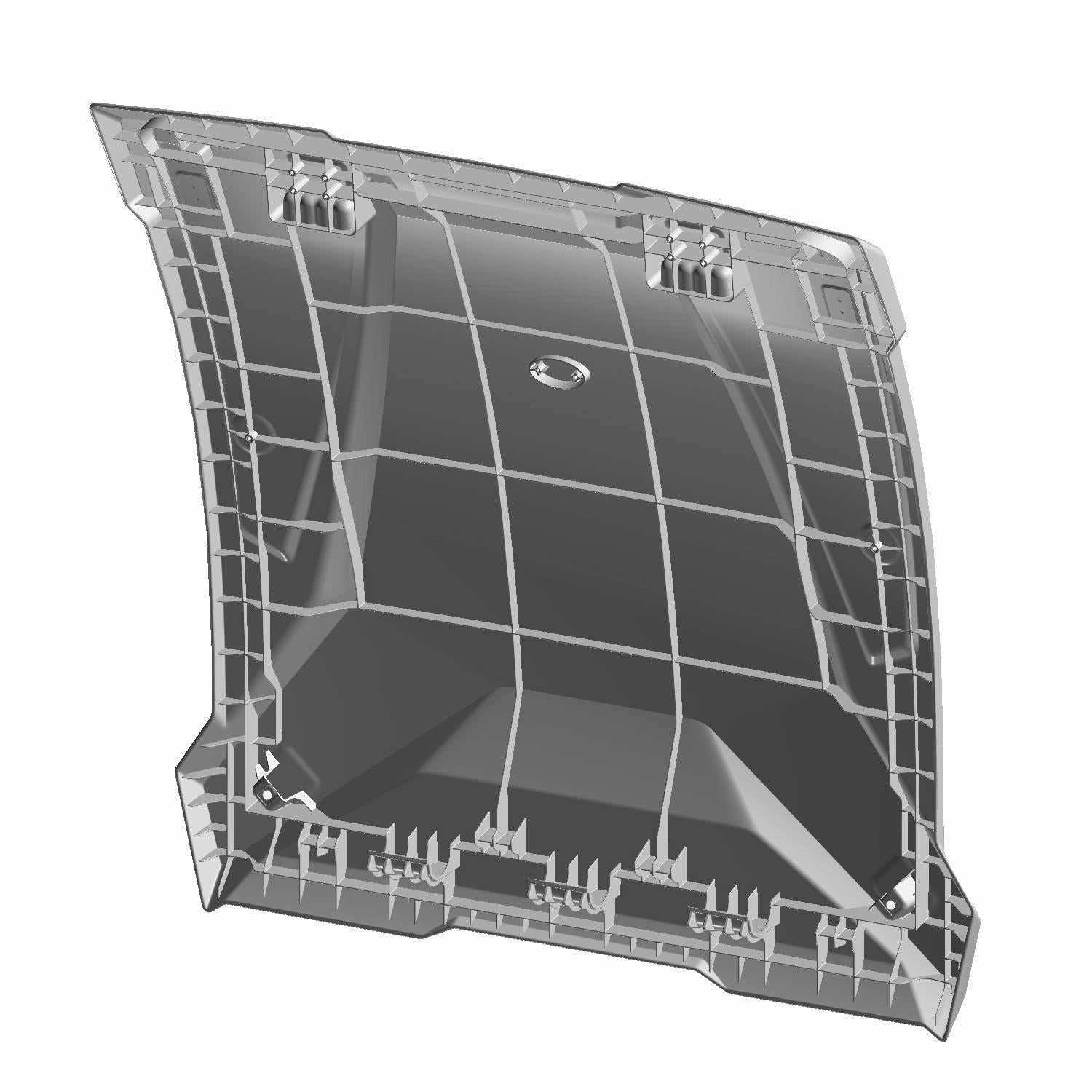 Black molded plastic roof panel with angular design and integrated clip mounts.