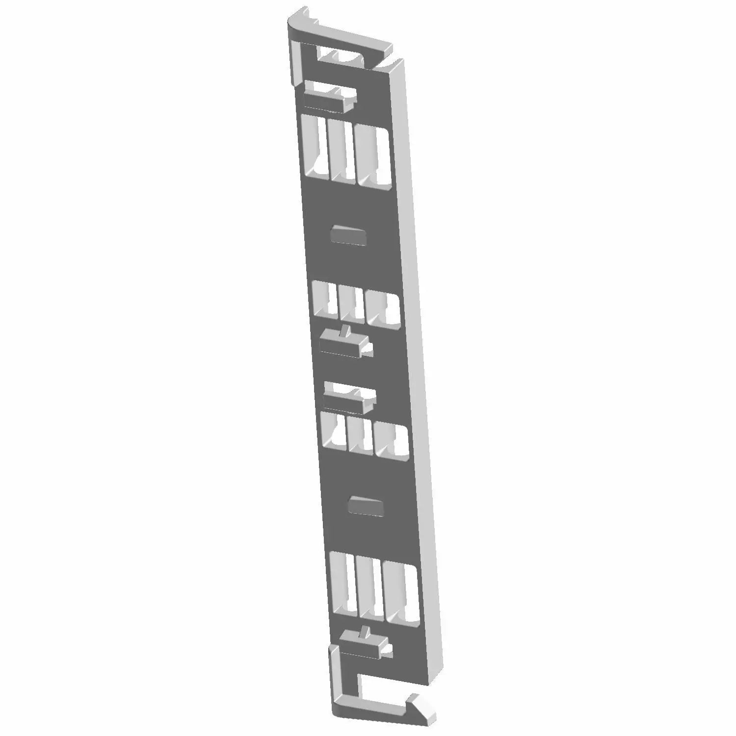 Gray metal brake retaining clip with multiple notches and rectangular cutouts, slim and elongated shape.