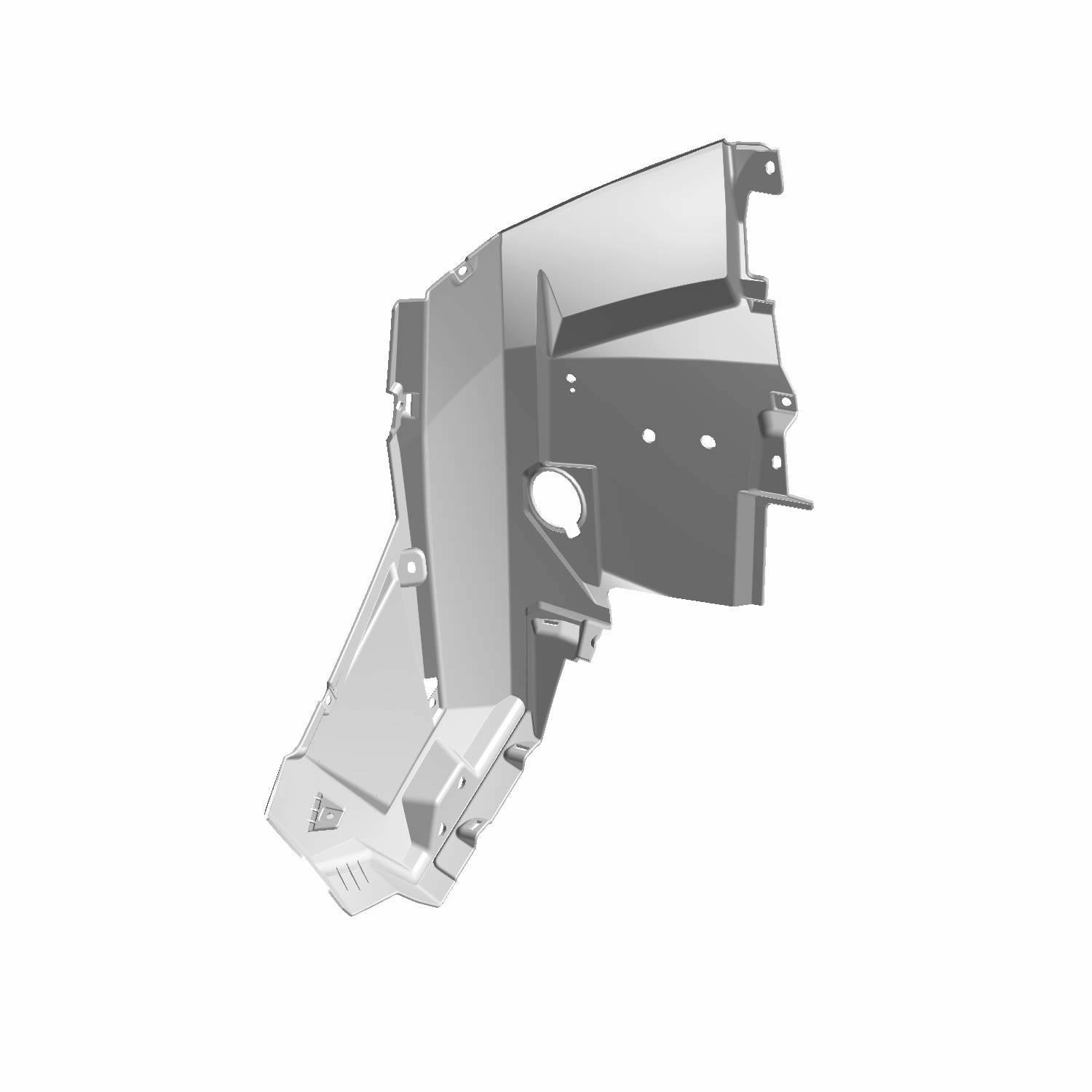 Gray rugged nylon front fender for Polaris RZR, right side, with mounting holes and angular design.