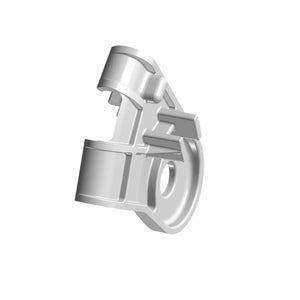 Silver metallic brake line retainer bracket with mounting hole and curved clamp design.