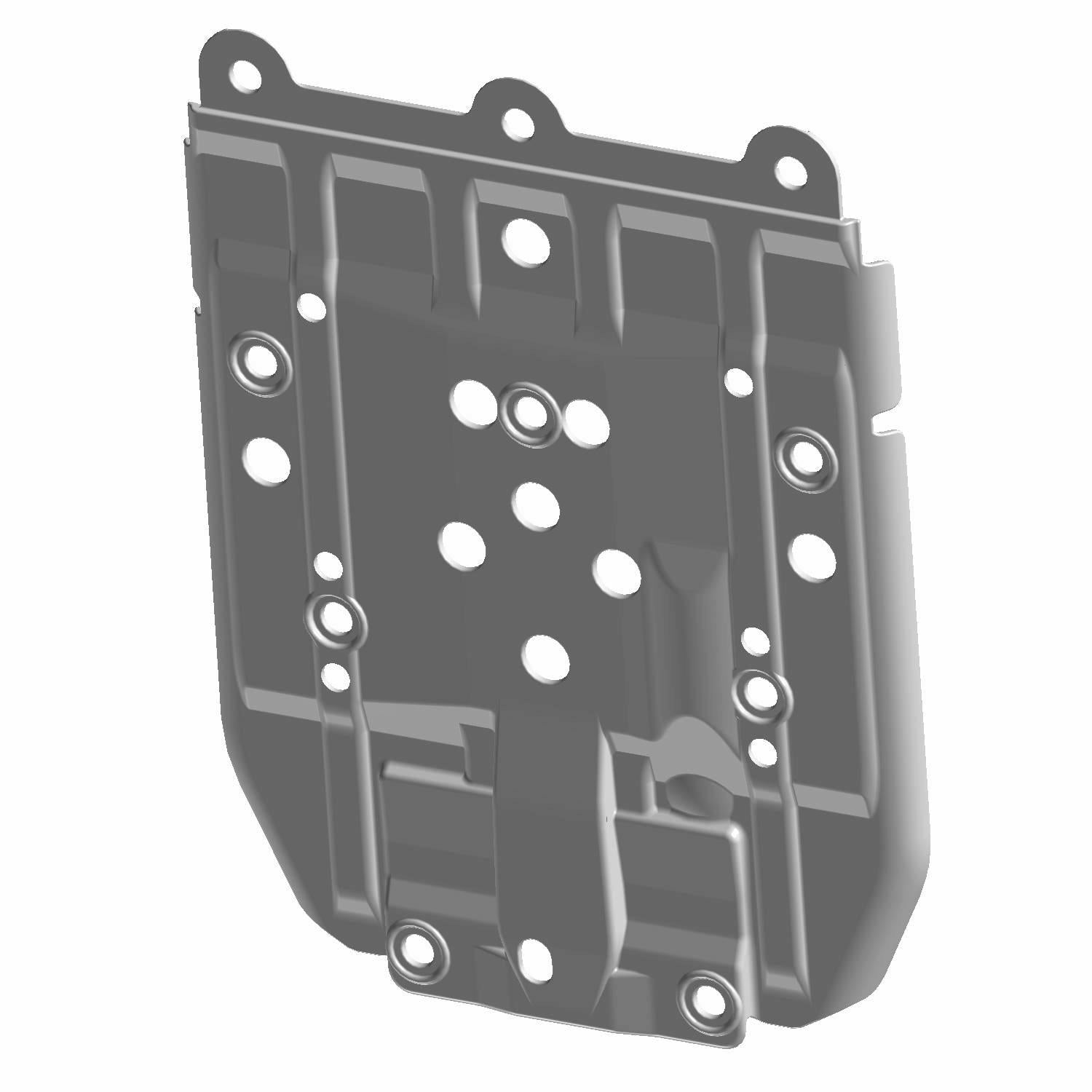 Black metal rear skid plate with multiple mounting holes and reinforced edges for off-road UTV protection.