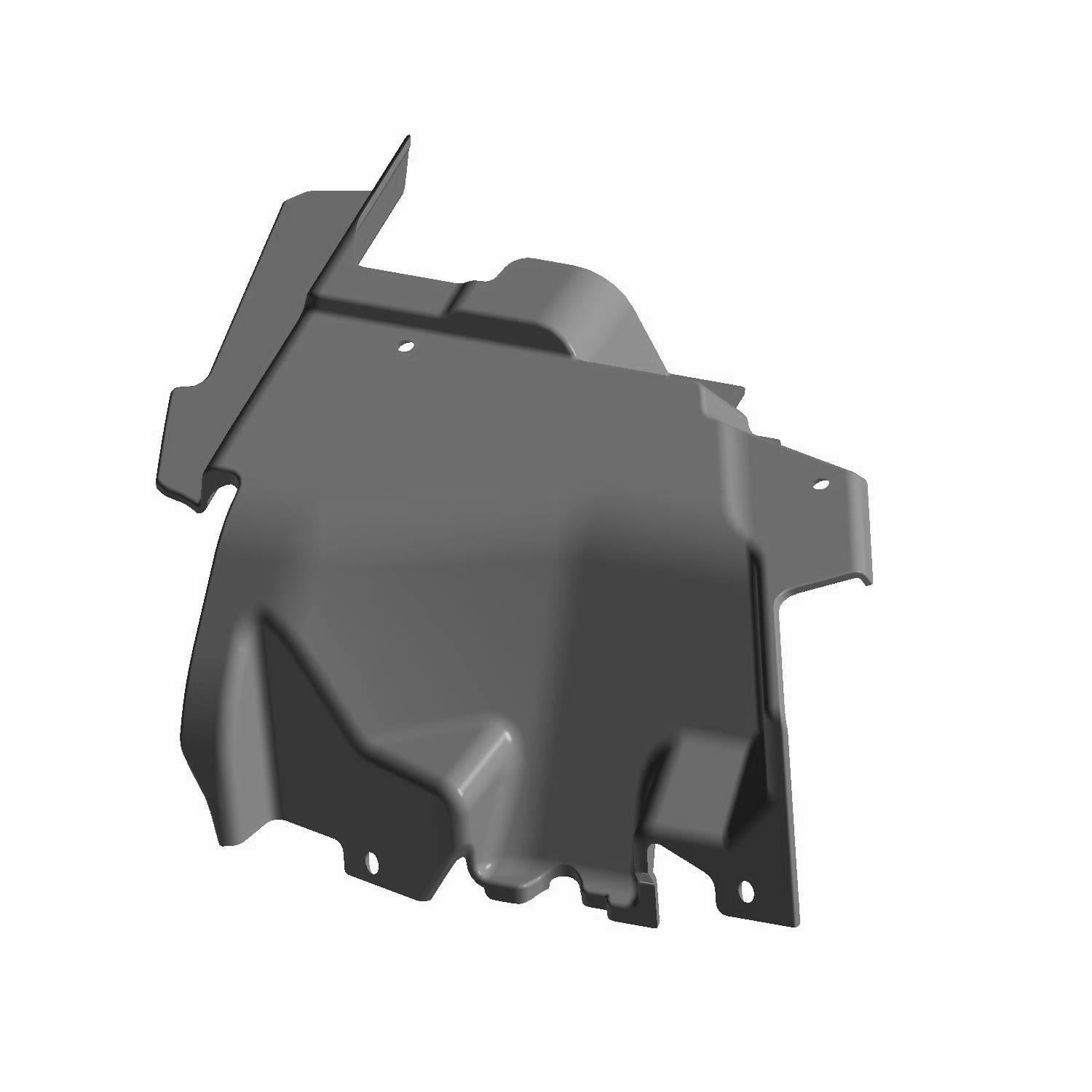 Matte black molded plastic left-side cover panel with angular edges and mounting holes.