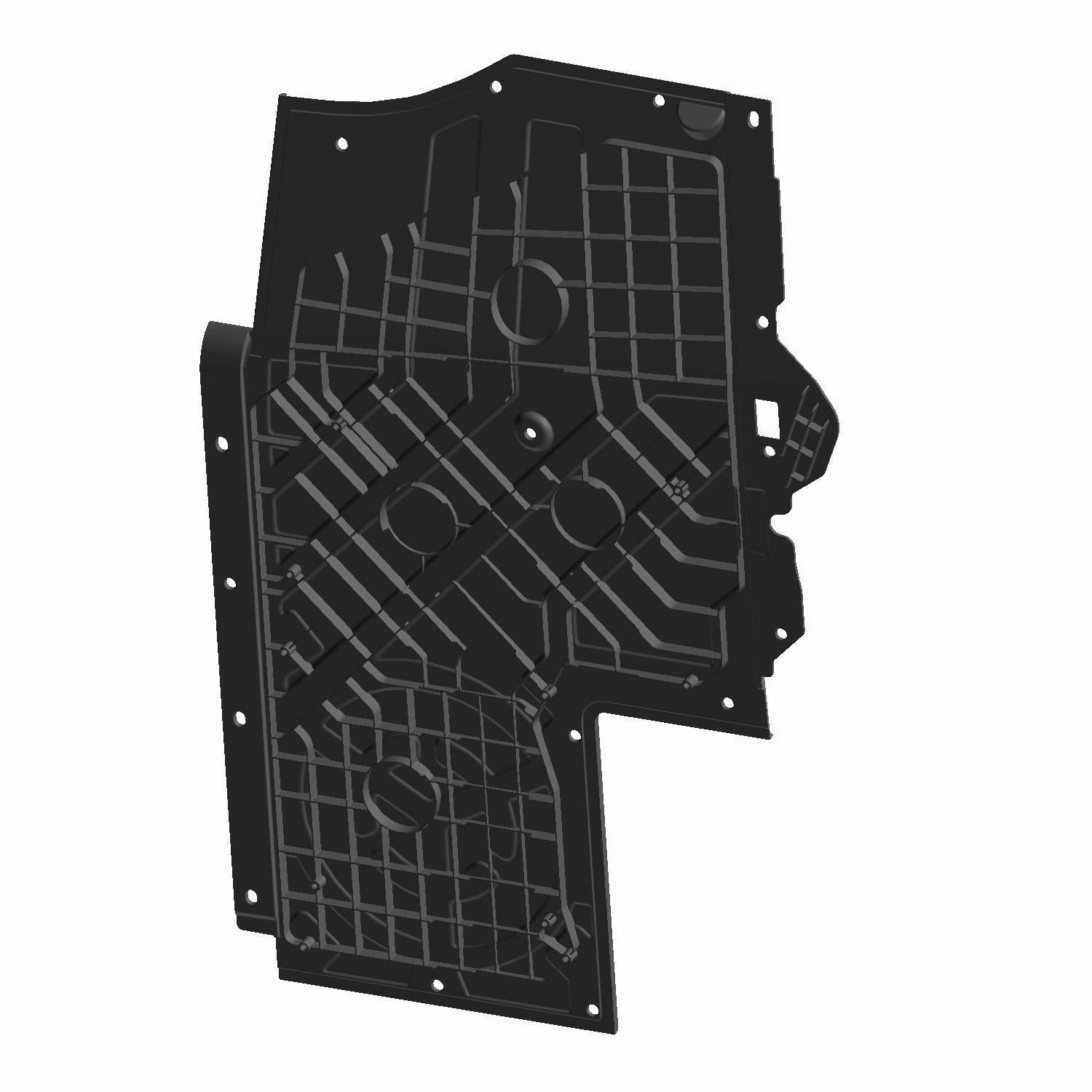 Black molded plastic floor panel with textured grid pattern and mounting holes for Polaris UTV.