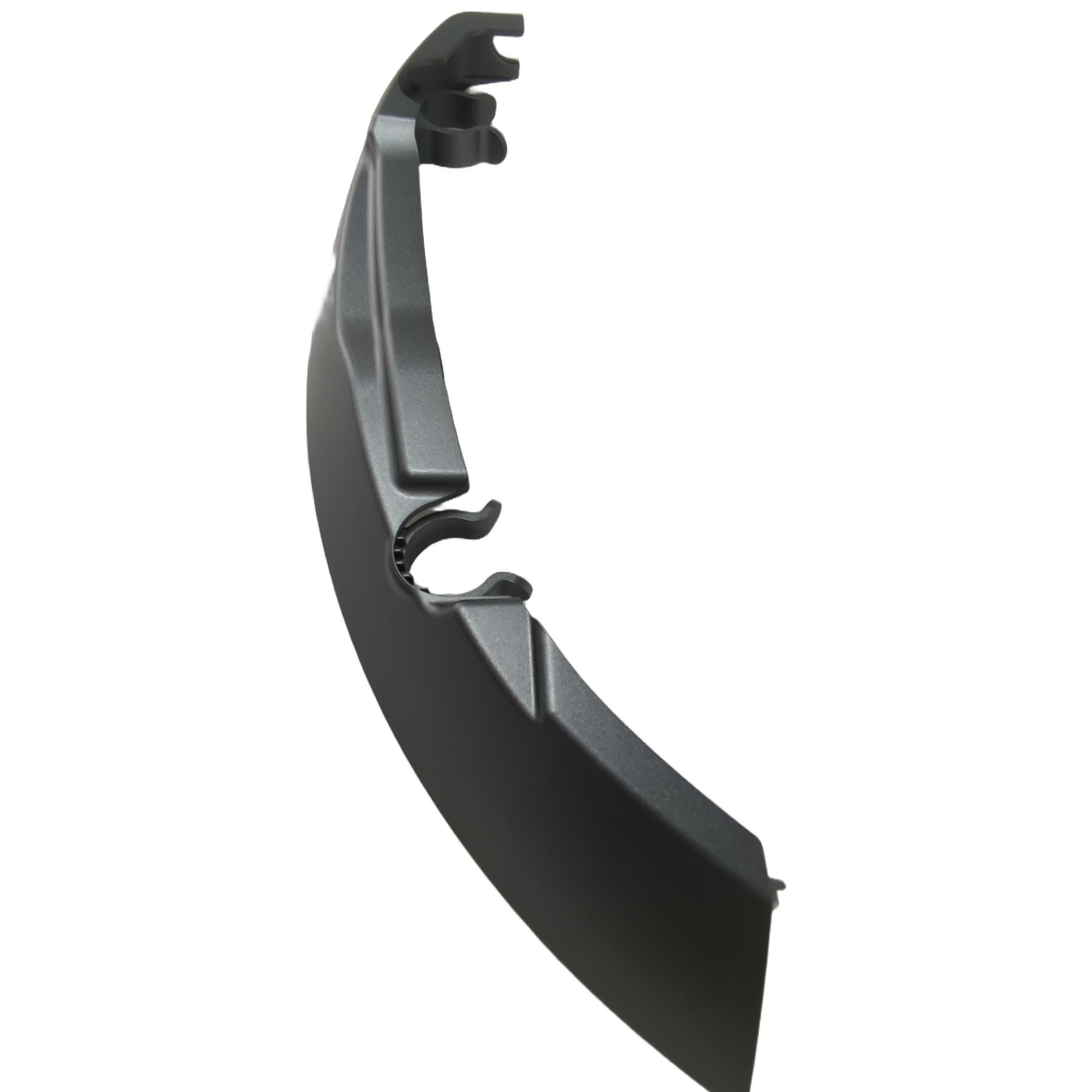 Black molded plastic upper right fender with curved design and mounting clips for motorcycle use.