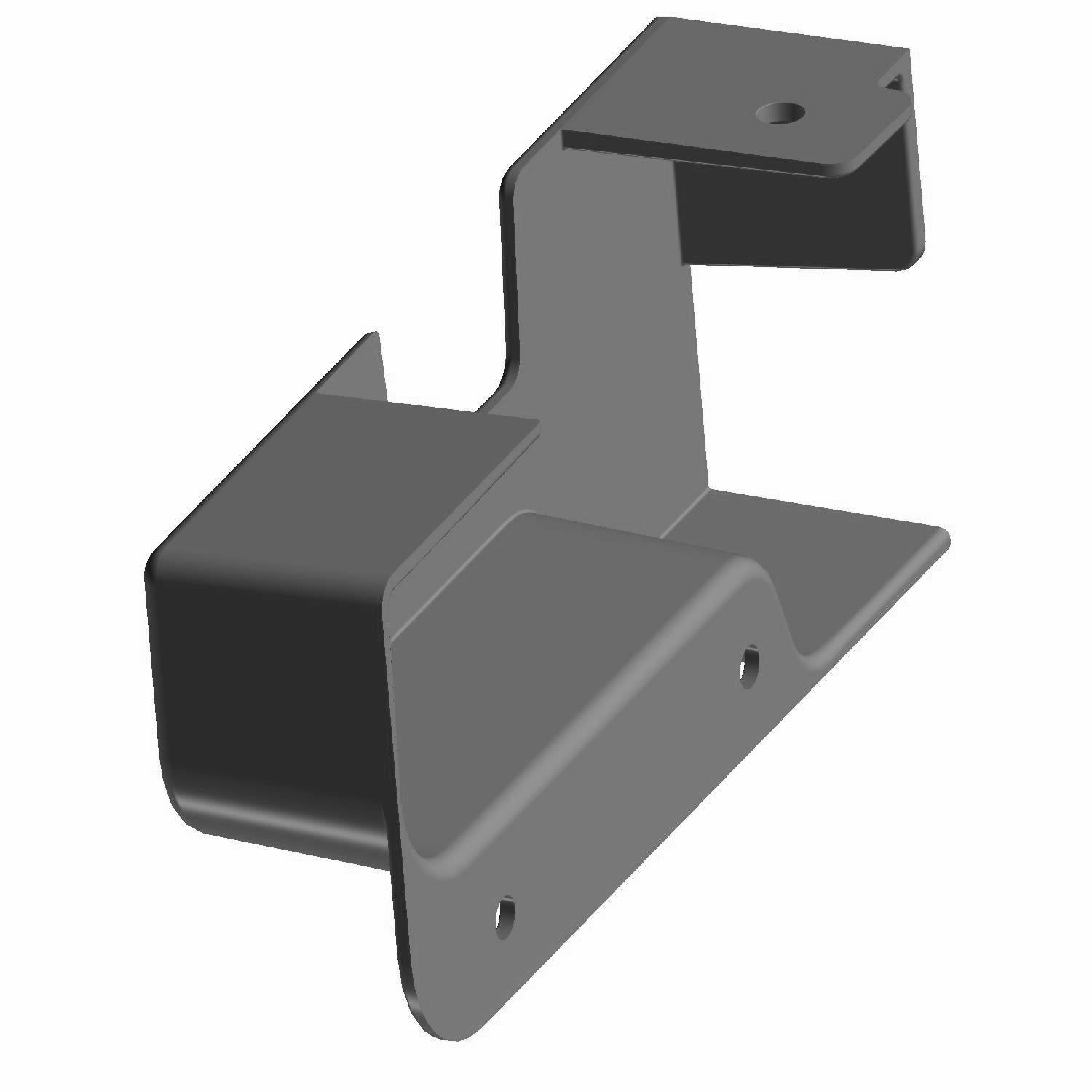 Matte black metal rear inner door panel latch with angled mounting bracket and three screw holes.